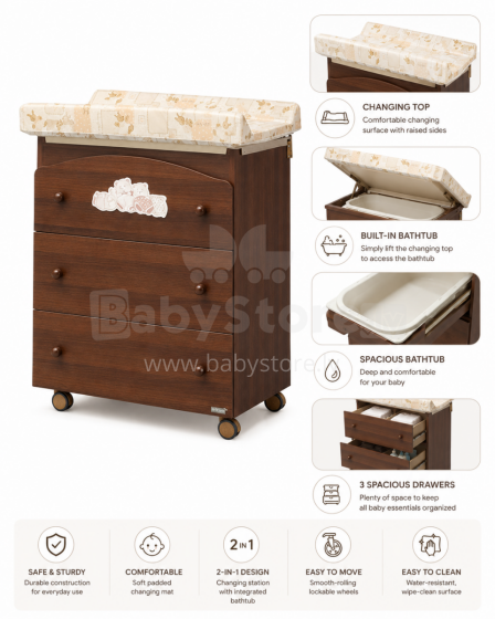 „Erbesi Tippy Walnut Art.73320“ komoda su išvyniojamu paviršiumi ir vonia