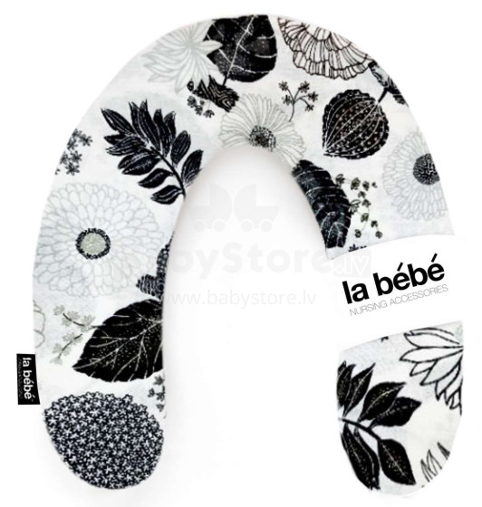 La Bebe ™ turtingos medvilnės slaugos motinystės pagalvė, 823 str. Gėlių eskizas juoda / balta pasaga (pasaga) kūdikio maitinimui, miegui, pasaga nėščioms moterims 30x175 cm