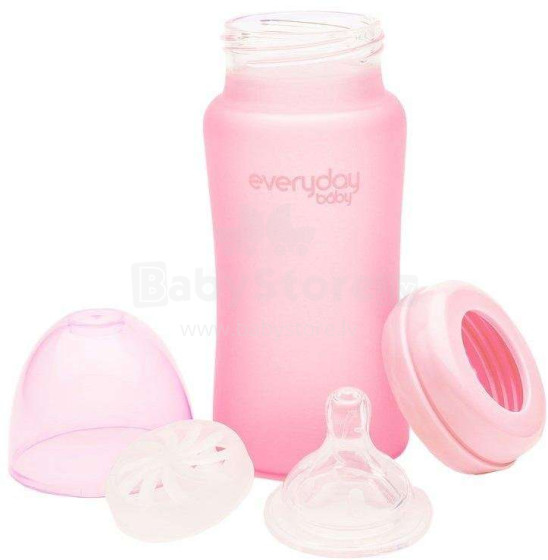 Kasdienis kūdikio stiklo karščio jutiklis 10228 ROSE Pink Antikalių stiklinis maitinimo butelis su temperatūros indikatoriumi 240ml