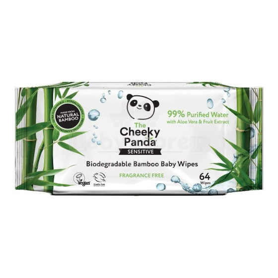 „Cheeky Panda“ bambuko kūdikių servetėlės. 89927. Drėgnos vaikiškos servetėlės iš natūralaus bambuko, 64 vnt.