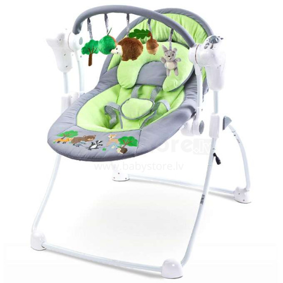 Caretero Forest Col.Green Bērnu krēsls-šūpulis (šūpuļkrēsliņš) ar regulējamo ātrumu, mūziku un rotaļlietu loku