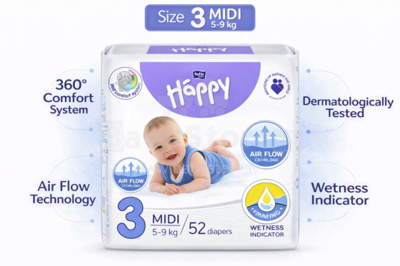 Happy Midi Baby sauskelnės 3 dydis nuo 5-9kg, 52vnt.