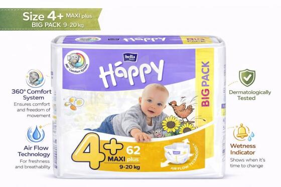 „Happy Maxi Plus Big Pack“ vaikiškos sauskelnės 4+ dydžio nuo 9-20kg, 62vnt.