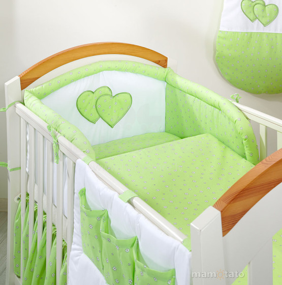 Mamo Tato Heart Col. Green Print Kokvilnas gultas veļas komplekts no 6 daļam (60/100x135 cm)