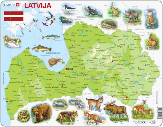 Larsen Puzzle Art.K46 Latvijas karte ar dzīvniekiem 48 gb.