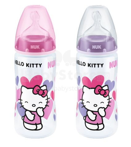 Nuk First Choice Hello Kitty Art.SD34 Plastmasas pudelīte ar plašu kakliņu un silikona knupīti pienam, 2.izmēra (6-18 mēn.) 300 ml