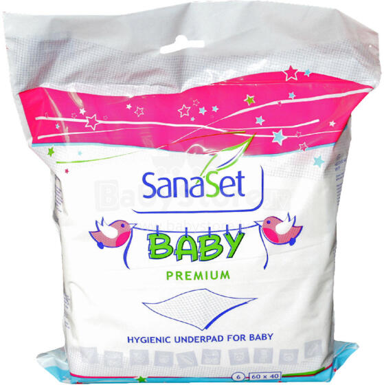 „Sanaset Baby Premium“ vienkartinės sauskelnės su ypač minkšta danga, 6vnt 40x60 cm