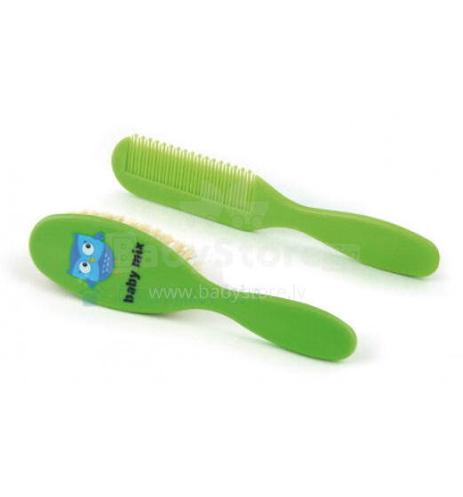„Babymix Art.BD80046“ plaukų šukos ir šepetys su labai minkštais natūraliais šereliais Owl Green