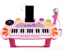 Elektroninė klaviatūra „EcoToys“. HC490441 Rožinis sintezatorius su mikrofonu su garso ir šviesos efektais