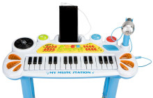 Elektroninė klaviatūra „EcoToys“. HC490441 Mėlynas sintezatorius su mikrofonu su garso ir šviesos efektais