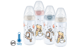 Nuk First Choice Disney Winnie  Art.SK46   plastikinis butelis su plačiu kaklu ir 1 dydžio silikono čiulptuku pieno mišiniui (0–6 mėn.) 300 ml