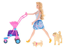 Ikonka Art.KX5451 Doll walking with dogs in pram pram