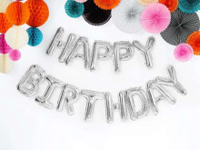 Ikonka Art.KX4574_1 Folijos balionų gimtadienio dekoracijos Laimingo gimtadienio sidabro 340cm x 35cm