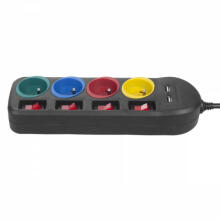 Удлинитель с выключателями, 4 розетки + 2xUSB-удлинителя MCE229B, черный