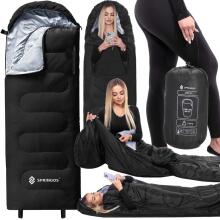 2-in-1 turistinis miegmaišis Springos CS0122, 220x80 cm, šilta stovyklavimo antklodė, juodai-pilka