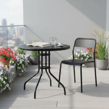 Apvalus 80 cm lauko stalas, grūdintas stiklas, skylė skėčiui, juodas MultiGarden