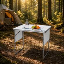 Stalas turistinis 120x60 cm sulankstomas į lagaminą 2 lentynos baltas MultiGarden