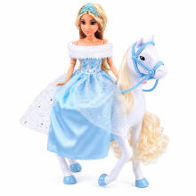 Anlily lėlė ant balto arkliuko princesė mėlynu suknelė