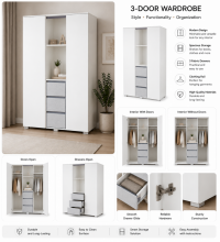 Klups Dalia Set Art.299161 White/Grey Rinkinys: medinė lovelė kūdikiui (120x60 cm, be stalčiaus) + kokoso pluošto čiužinys (120x60x8 cm) + komoda su vystymo paviršiumi + drabužių spinta.
